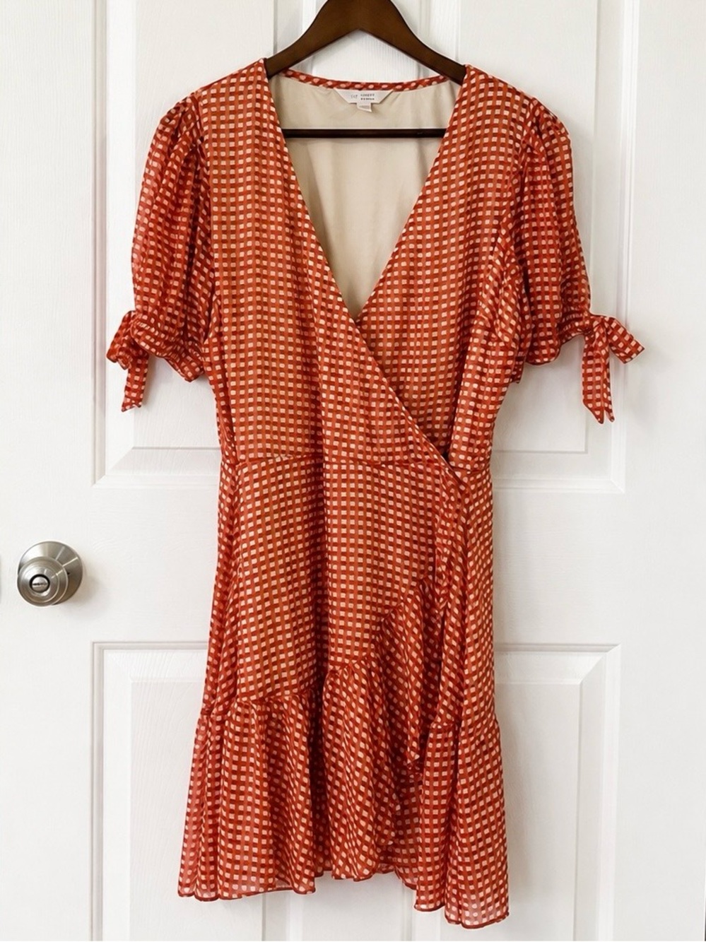 LC Lauren Conrad Red and Cream Gingham Wrap Mini Dress - Size L